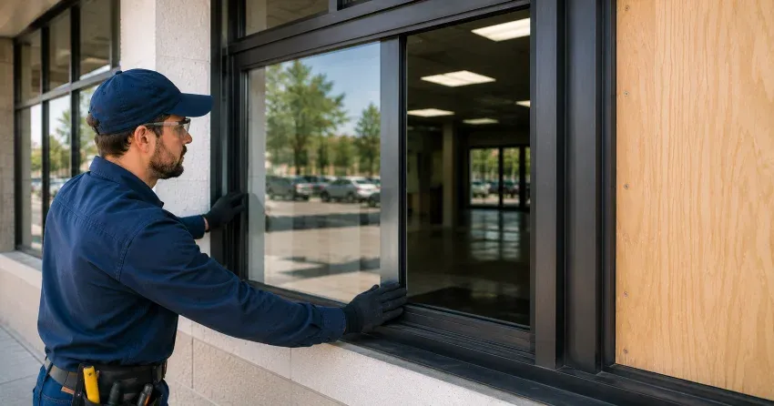 technician boarding a broken window after a break-in in Erin
