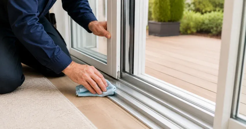 technician inspecting a sliding patio door track in Ballinafad, Erin