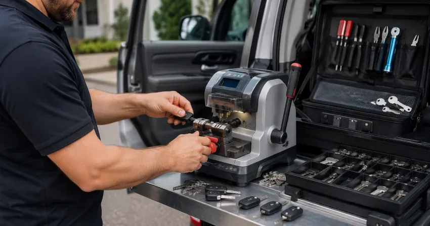 technician cutting a replacement car door lock key in Cedar Valley, Erin