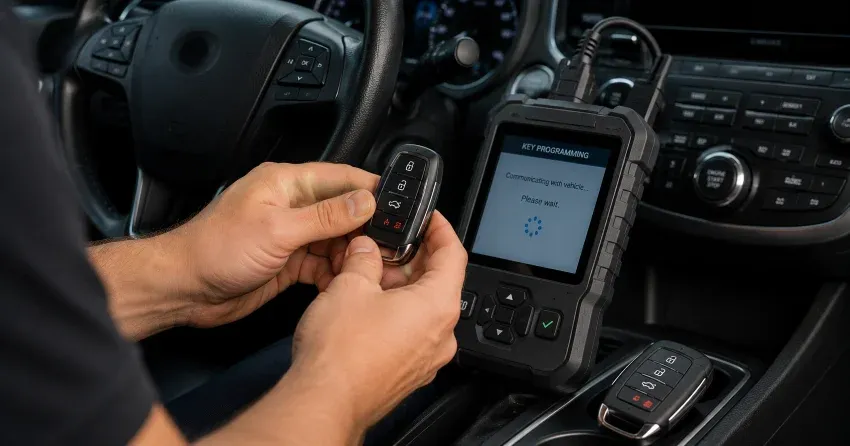 technician inspecting a worn car key before replacement in Erin