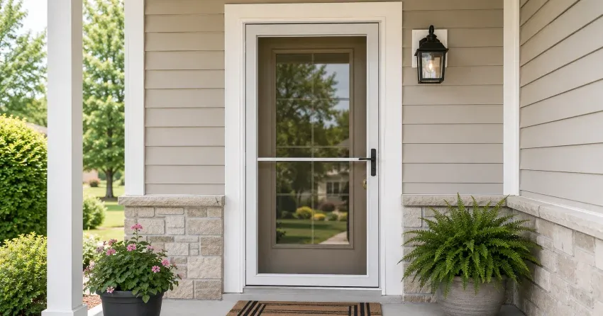 technician hanging storm door square and plumb in Orton, Erin