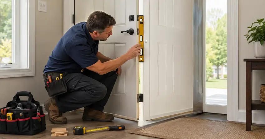 technician diagnosing a misaligned door frame in Cedar Valley, Erin