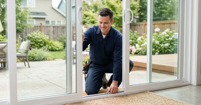 technician diagnosing a sticking patio door in Erin