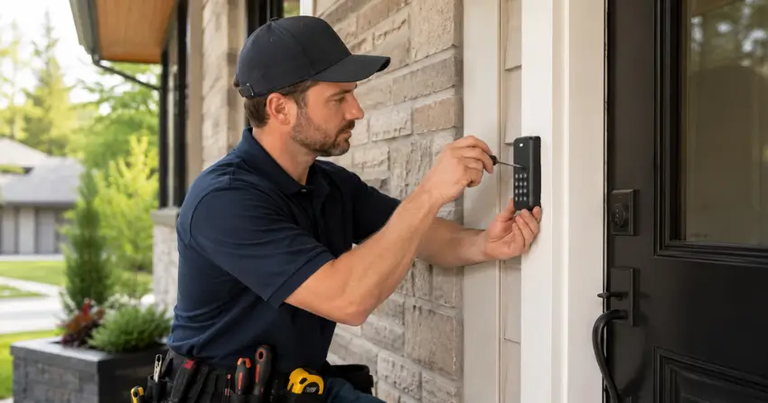 Technician installing an access control system keypad beside a residential front door in Erin