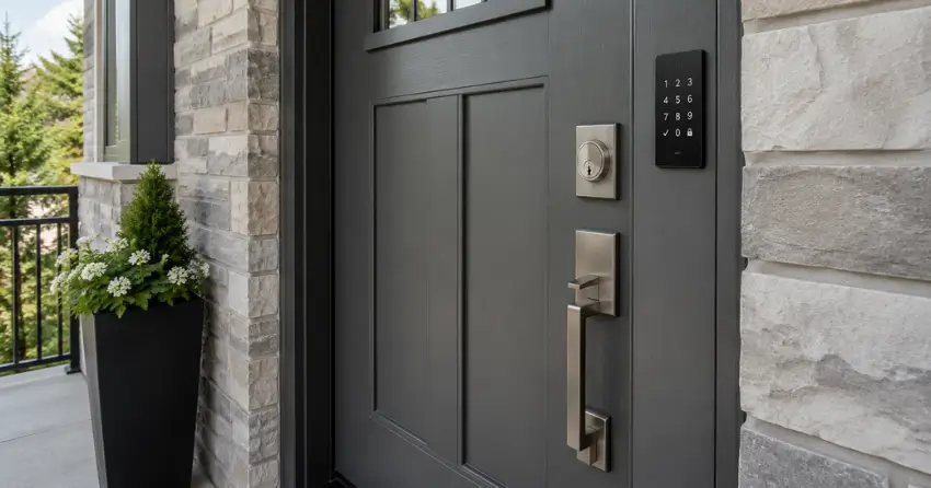 High-security door hardware and access control keypad installed on a residential entry door in Erin