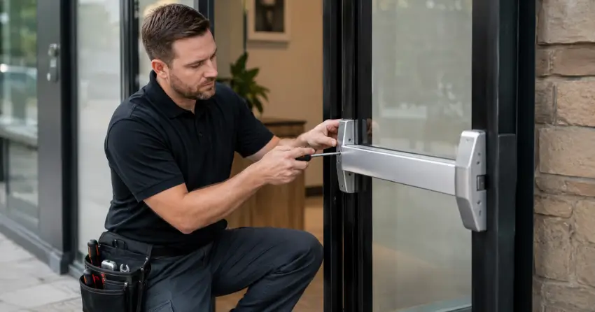 commercial locksmith repairing exit device on storefront door Ballinafad, Erin