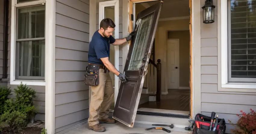 old exterior door being removed for replacement in Erin