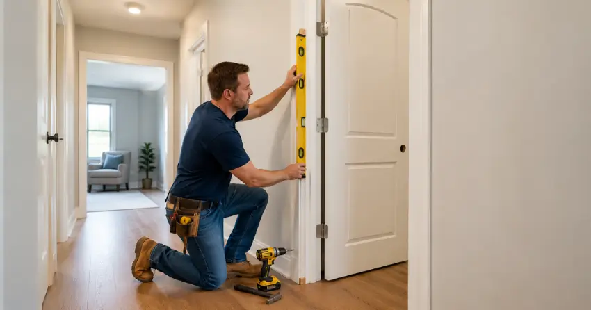 technician installing a pre-hung interior door in a home hallway Erin