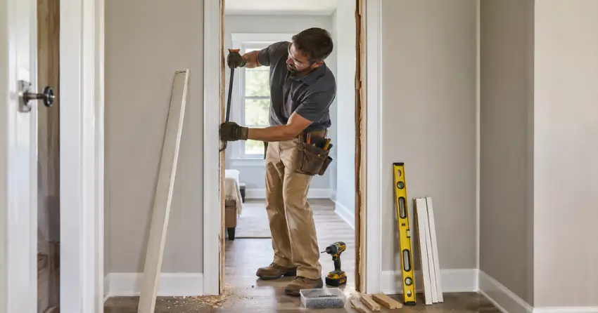 technician removing an old interior door frame during installation Erin