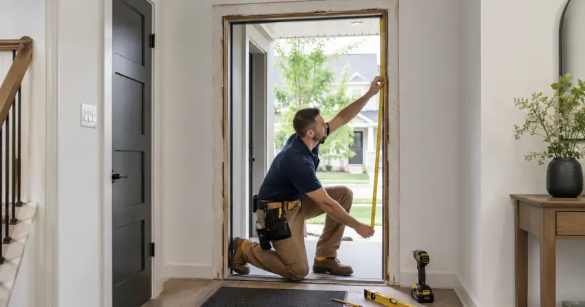 technician measuring a door frame before new door installation in Ballinafad, Erin