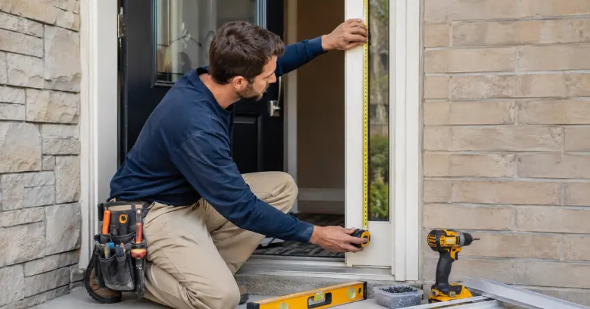 technician measuring door frame before storm door install in Hillsburgh, Erin