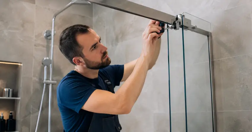 technician adjusting shower door hinge and track in Ospringe, Erin