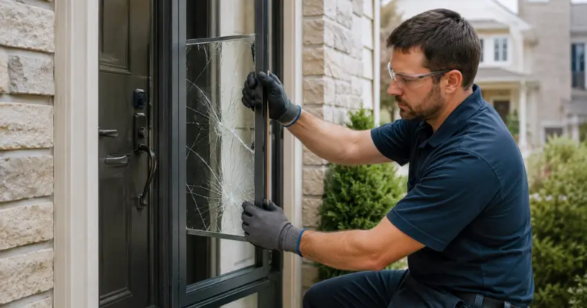 technician removing cracked storm door glass panel in Erin