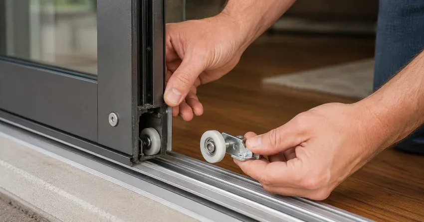 sliding door alignment Erin technician adjusting roller track