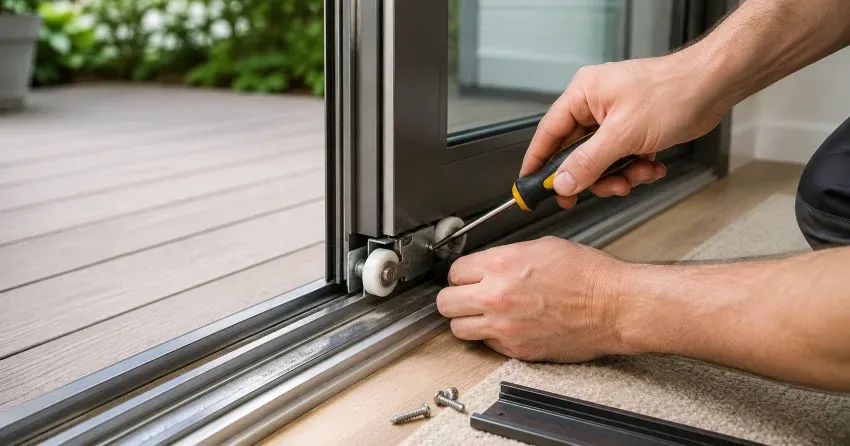sliding door fix Ospringe, Erin technician diagnosing track issue