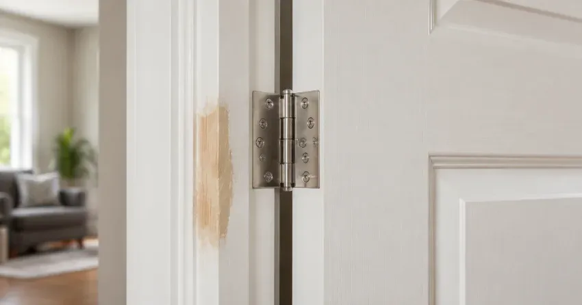 technician checking a warped door against a straightedge in Erin