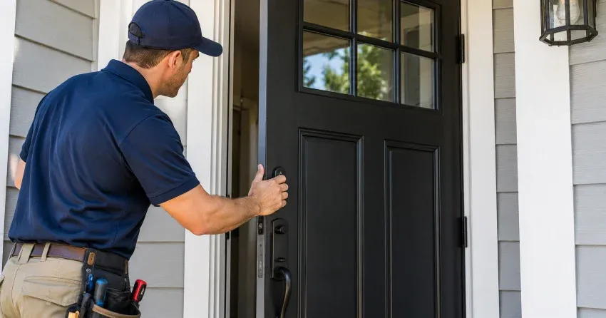 technician adjusting door hinge and strike plate in Erin home