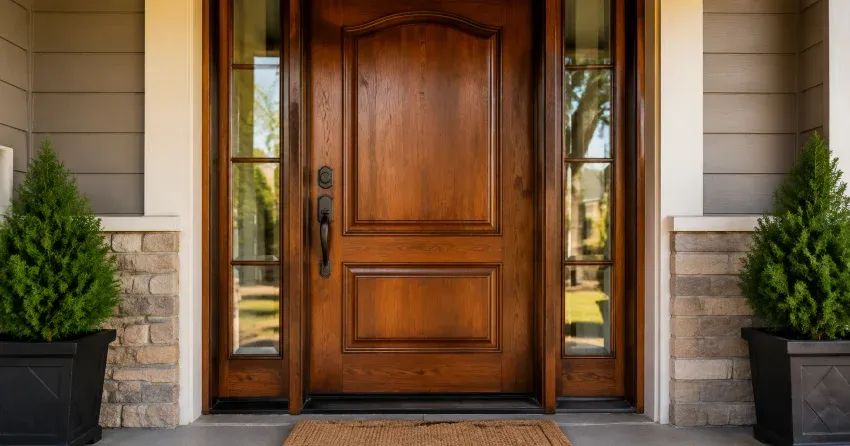 wood door mid-restoration showing stripped bare wood in Erin