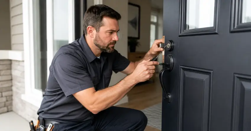 licensed locksmith technician working on residential deadbolt in Erin