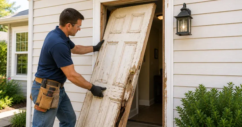 warped exterior door frame showing weather damage in Erin