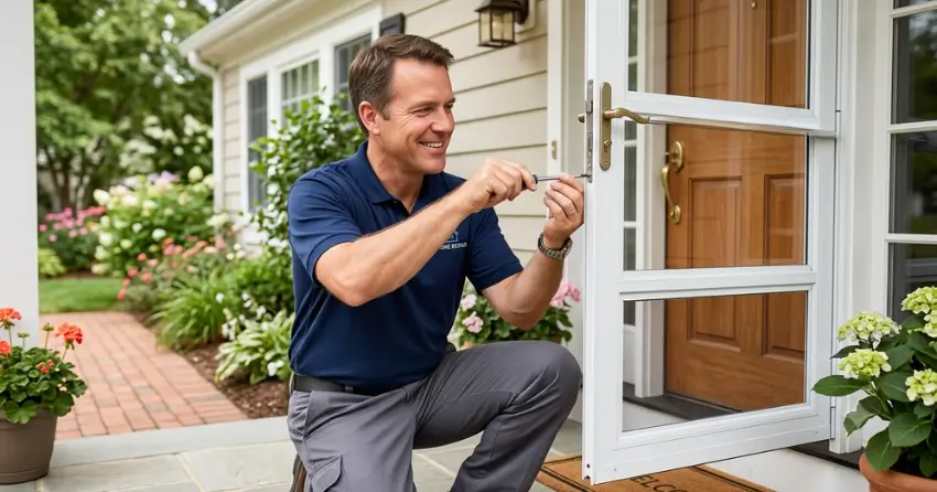 technician adjusting storm door hinge and closer in Erin