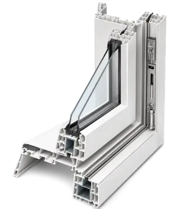 Cutaway of a window frame showing its chambers and internal steel reinforcement